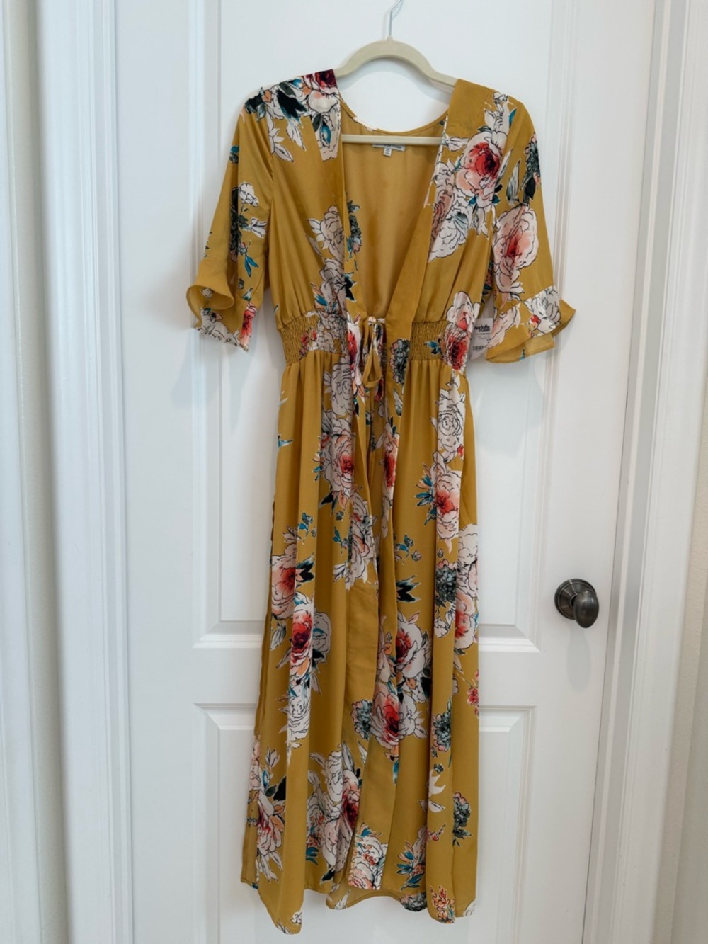 Floral Tie-Waist Open Maxi Dress in Mustard-NWT